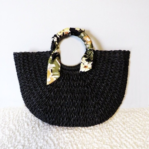 Black Woven Straw Handbag Floral Scarf Accent Beach Bag Tote Purse - Picture 6 of 10